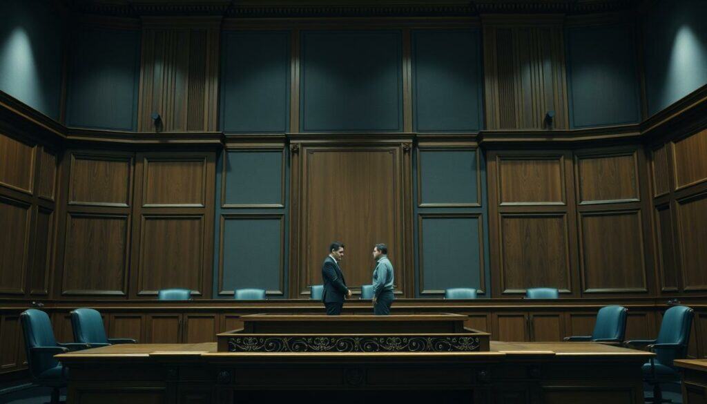 A courtroom interior, bathed in a muted, authoritative palette of grays and blues. Imposing wooden paneling lines the walls, while a massive, ornate desk dominates the foreground, evoking a sense of judicial gravity. In the middle ground, two figures stand before the bench, engaged in a tense discussion, their expressions serious and intent. The lighting is neutral, casting subtle shadows that add depth and a palpable atmosphere of investigation and decision-making. The overall scene conveys a sense of official proceedings, a solemn moment of administrative review and legal determination.
