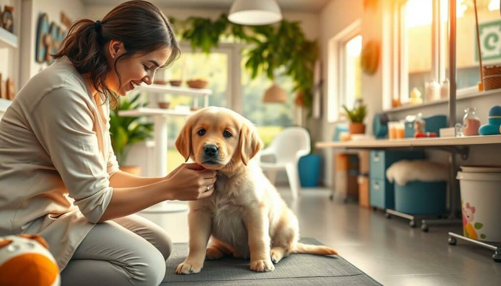 A cozy, brightly lit grooming salon welcomes a puppy with open arms. In the foreground, a gentle groomer kneels beside a fluffy golden retriever pup, patiently trimming its nails and brushing its soft fur. The middle ground features an array of puppy-friendly toys, treats, and supplies, creating a calming, nurturing atmosphere. In the background, a serene landscape of lush greenery and a sunlit window evokes a sense of tranquility, inviting the puppy to relax and enjoy its visit. Warm, soft lighting and a shallow depth of field emphasize the care and attention given to this puppy's well-being, capturing the essence of a welcoming "Puppy Pit Stop."