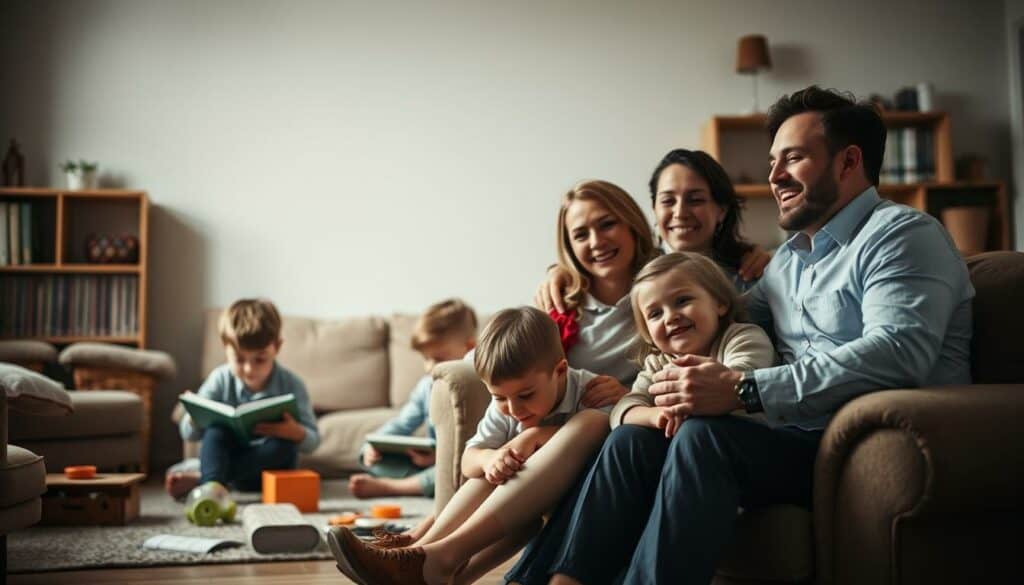 A cozy, domestic scene of a happy family gathered together, with a sense of warmth and intimacy. In the foreground, a well-dressed couple sit on a plush sofa, smiling and embracing, conveying a sense of marital bliss. In the middle ground, two children, a boy and a girl, play happily on the floor, surrounded by toys and books, suggesting a close-knit family dynamic. The background is softly lit, with muted tones and a sense of comfort and security, hinting at the family's private, hidden joys and secrets. The composition is balanced and harmonious, inviting the viewer to feel a sense of nostalgia and wonder at the family's seemingly perfect life.