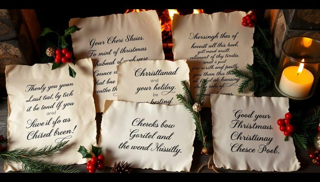 A cozy, festive scene with a selection of traditional and modern Christmas messages handwritten on old parchment paper. Soft, warm lighting from a fireplace illuminates the arrangement, casting a golden glow. Elegant calligraphy in a variety of holiday styles, from classic serif to whimsical cursive, adorns the pages. Sprigs of holly, pine, and other seasonal foliage frame the compositions, adding natural textures. The overall mood is one of refined elegance and holiday cheer, suitable for sharing with business partners.