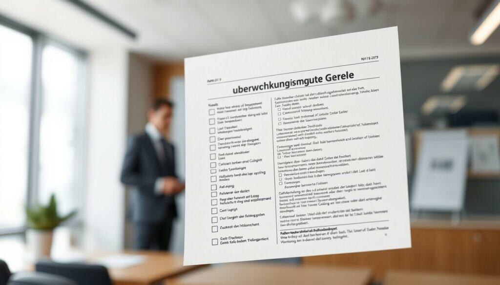 A detailed and meticulously organized checklist document floating in the foreground, with a blurred background depicting an official government office setting. The checklist has a serious, authoritative aesthetic, rendered in a clean, minimalist style with high-contrast typography. Soft, directional lighting casts subtle shadows, enhancing the sense of depth and professionalism. The overall mood is one of official oversight and regulatory compliance, reflecting the "überwachungspflichtige Gewerbe" subject matter.