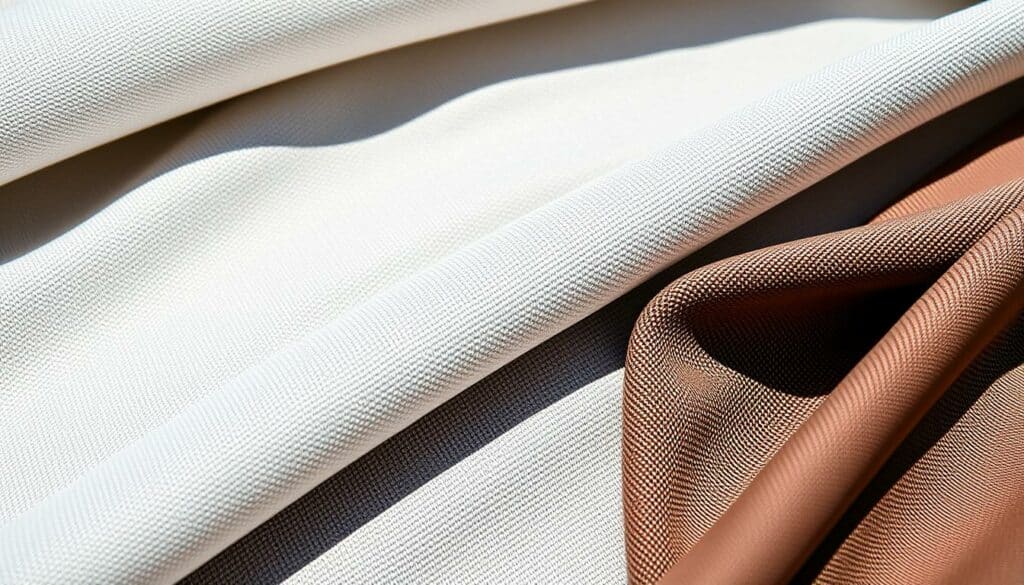 A detailed close-up of various high-quality workwear materials and fabric blends, including durable cotton, breathable polyester, and reinforced nylon. The textiles are shot in natural sunlight, highlighting their rugged textures, weaves, and intricate material compositions. The overall composition has a clean, minimal aesthetic, with the materials filling the frame and accentuating their tactile qualities. The lighting casts soft shadows, creating depth and dimension, and the depth of field isolates the materials to draw the viewer's focus. The mood is one of functional elegance, showcasing the practical yet sophisticated nature of modern workwear fabrics.