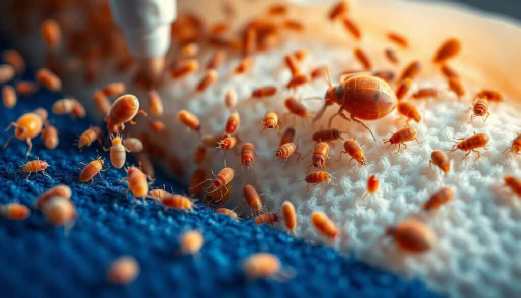 A detailed close-up view of dust mites and bacteria living within the fabric and padding of a mattress. The microscopic creatures are depicted in vibrant colors, showcasing their intricate structures and biological functions. The scene has a clinical, almost scientific feel, with crisp lighting and sharp focus to emphasize the importance of regular mattress cleaning. The background is slightly blurred, keeping the attention on the foreground organisms. An image that visually conveys the necessity of professional mattress cleaning, especially in healthcare settings, to maintain hygiene and prevent the spread of illness.