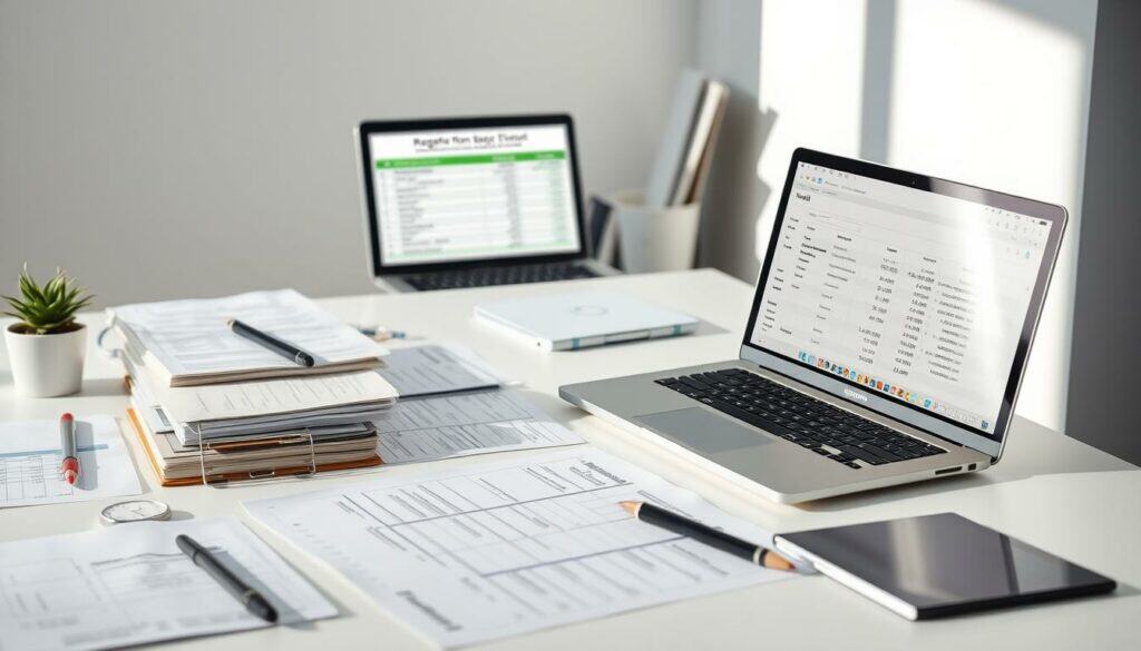 A detailed financial overview of the costs and fees associated with registering a new business in Nürnberg, Germany. The scene depicts a clean, minimalist workspace with a modern desk, a laptop displaying a spreadsheet, and carefully organized documents, folders, and office supplies. The lighting is soft and natural, creating a calm and professional atmosphere. The composition emphasizes the orderly and well-organized nature of the financial information, conveying a sense of clarity and control over the complex process of starting a new enterprise.