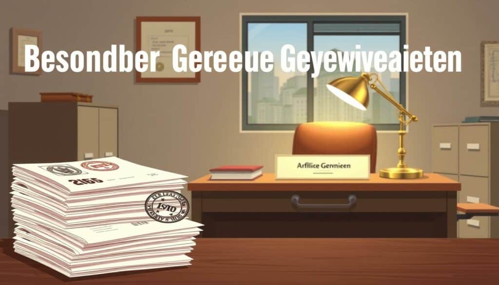 A detailed illustration of "Besondere Gewerbe Genehmigungen" set against a muted, bureaucratic backdrop. In the foreground, a stack of official-looking documents and stamps, symbolizing the administrative process. The middle ground features a government official's desk, with a nameplate and a polished brass desk lamp casting a warm glow. In the background, a nondescript office environment with filing cabinets, framed certificates, and a window revealing a cityscape, hinting at the broader regulatory landscape. The overall atmosphere conveys a sense of seriousness, order, and the importance of proper licensing and approvals for certain business activities. A detailed illustration of "Besondere Gewerbe Genehmigungen" set against a muted, bureaucratic backdrop. In the foreground, a stack of official-looking documents and stamps, symbolizing the administrative process. The middle ground features a government official's desk, with a nameplate and a polished brass desk lamp casting a warm glow. In the background, a nondescript office environment with filing cabinets, framed certificates, and a window revealing a cityscape, hinting at the broader regulatory landscape. The overall atmosphere conveys a sense of seriousness, order, and the importance of proper licensing and approvals for certain business activities.