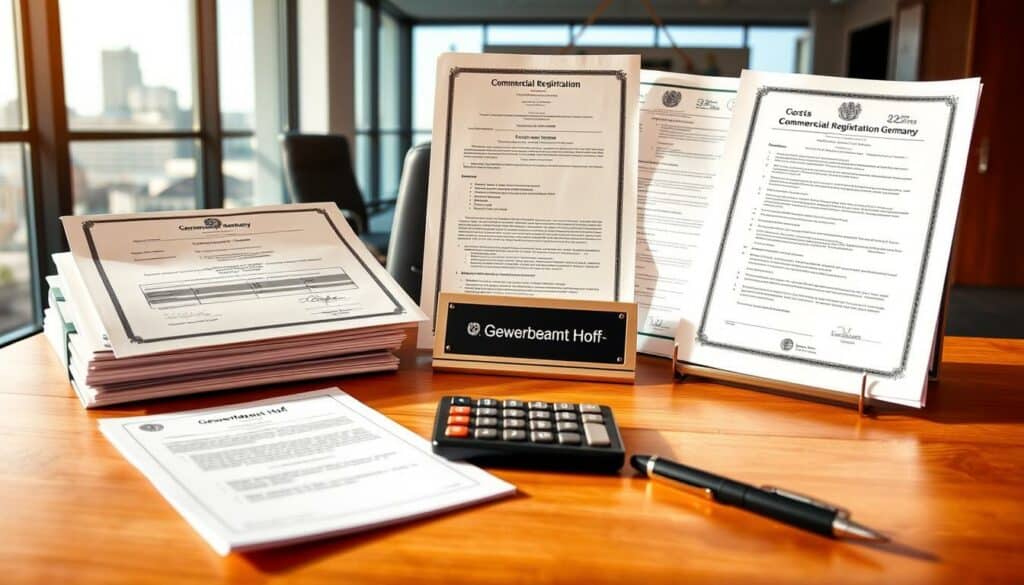 A detailed illustration of the costs and processing time for a commercial registration in Germany. The foreground shows various official government forms, certificates, and documents neatly arranged on a wooden desk. The middle ground features a calculator, pen, and a small plaque with the text "Gewerbeamt Hof". The background depicts a contemporary office interior with a window overlooking a cityscape. The lighting is warm and natural, creating a professional and authoritative atmosphere. The overall composition conveys the bureaucratic yet essential nature of the commercial registration process. A detailed illustration of the costs and processing time for a commercial registration in Germany. The foreground shows various official government forms, certificates, and documents neatly arranged on a wooden desk. The middle ground features a calculator, pen, and a small plaque with the text "Gewerbeamt Hof". The background depicts a contemporary office interior with a window overlooking a cityscape. The lighting is warm and natural, creating a professional and authoritative atmosphere. The overall composition conveys the bureaucratic yet essential nature of the commercial registration process.
