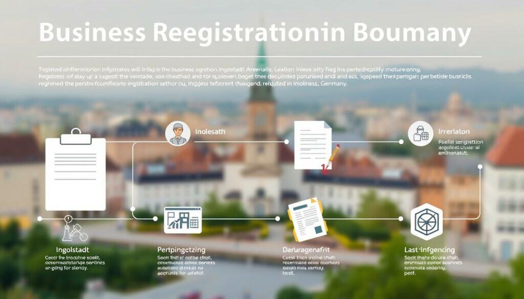 A detailed step-by-step illustration of the business registration process in Ingolstadt, Germany. The image shows a clean, modern infographic layout with a minimal, elegant aesthetic. The foreground features a series of neatly organized process icons and labels, conveying the logical flow of the registration steps. The middle ground showcases the key documentation and paperwork required, rendered in a realistic, textured style. The background depicts a subtly blurred cityscape of Ingolstadt, establishing the municipal context. The overall mood is professional, informative, and visually appealing, aligned with the subject matter and the section title.