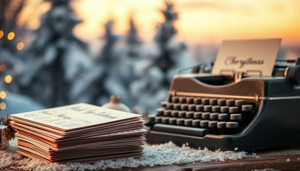 A festive winter landscape with a cozy, handcrafted feel. In the foreground, a stack of beautifully designed Christmas cards in various textures and patterns, their corners gently curled. Warm lighting casts a soft glow, creating a sense of intimacy. In the middle ground, a vintage typewriter with a single card inserted, ready to be personalized. The background features a subtle bokeh of snowy trees and a soft, hazy sky, evoking the peaceful tranquility of the holiday season. The overall composition exudes a sense of creativity, nostalgia, and the personal touch of handmade greetings.