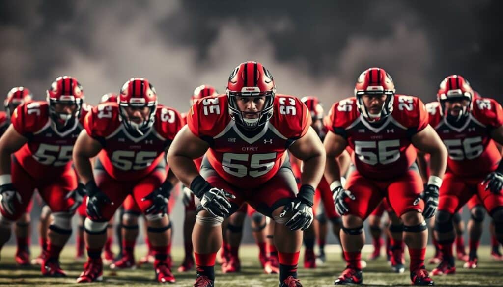 A formidable offensive line of the Cincinnati Bearcats, standing tall and resolute in the center of the field. Muscular linemen in crisp red and black uniforms, their determined expressions reflecting the intensity of their college football careers. Captured in a dynamic mid-play moment, their powerful stances and synchronized movements convey the physical transformation required to excel at this level. Dramatic lighting casts dynamic shadows, emphasizing the sheer athleticism and discipline of these young athletes as they pave the way for their team's success. A vivid snapshot of the college experience that shaped the character and resilience of a future NFL star.
