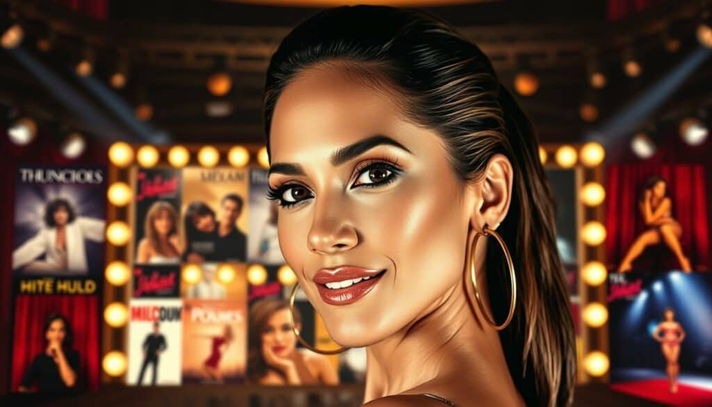 A glamorous portrait of Jennifer Lopez in her prime, capturing her iconic music and film career. In the foreground, a close-up of her radiant face, expertly made up, her signature hoop earrings and sleek hairstyle framing her features. In the middle ground, a montage of album covers and movie posters, showcasing her versatility as a multi-talented artist. The background is a soft, blurred kaleidoscope of spotlights, stage curtains, and red carpet backdrops, evoking the glitz and glamour of her illustrious entertainment industry journey. Warm, dramatic lighting casts a flattering glow, highlighting her confident, magnetic presence. The overall composition conveys J.Lo's remarkable career achievements and enduring star power.