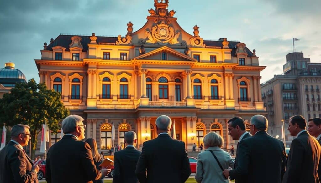 A grand, stately building set against a backdrop of a bustling cityscape, its elegant facade adorned with intricate architectural details. In the foreground, a group of professionals in formal attire, engaged in animated discussion, represent the Handwerkskammer and IHK institutions. The scene is illuminated by warm, golden light, conveying a sense of authority and importance. The composition is balanced, with the building's imposing presence complemented by the dynamic interactions of the people, all captured through a lens that emphasizes the formality and significance of the subject matter.