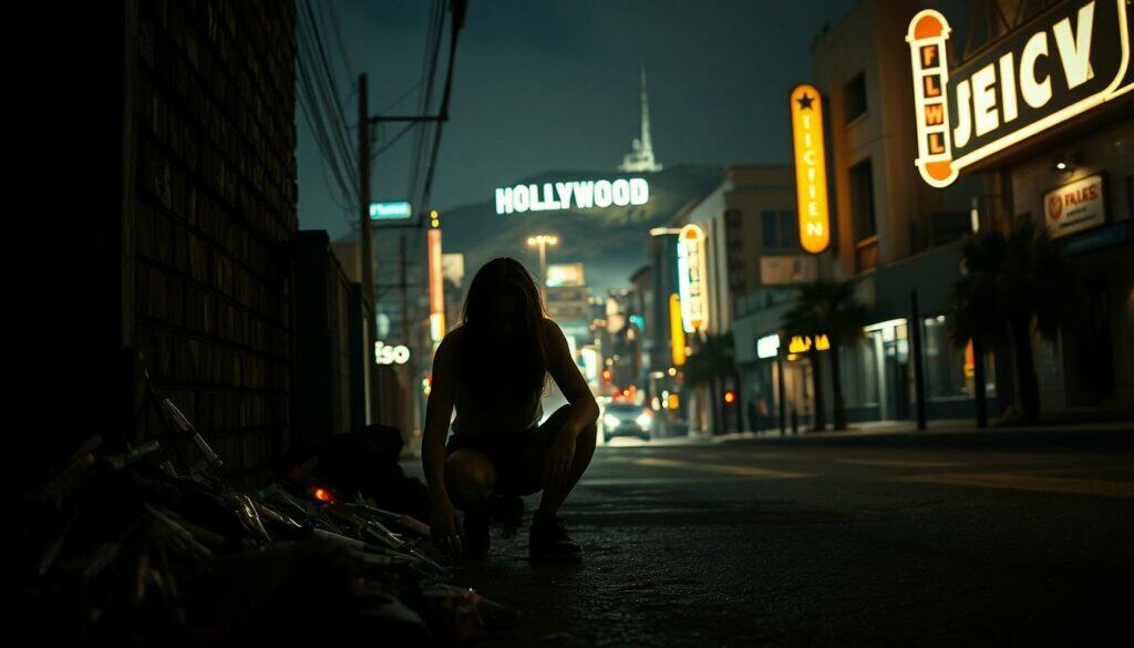 A grim, gritty cityscape of Los Angeles at night, the iconic Hollywood sign looming in the distance. In the foreground, a disheveled, gaunt figure crouches in a dimly lit alleyway, surrounded by discarded syringes and the detritus of a meth addiction. The figure's face is hidden in shadow, conveying a sense of desperation and isolation. The mid-ground depicts the neon-lit streets and bustling nightlife, a stark contrast to the decay and hopelessness of the addict's predicament. The background is hazy, with an ominous, hazy atmosphere evoking the pervasive influence of the drug trade. The image is captured with a low-angle, gritty lens, emphasizing the gritty, cinéma vérité style.
