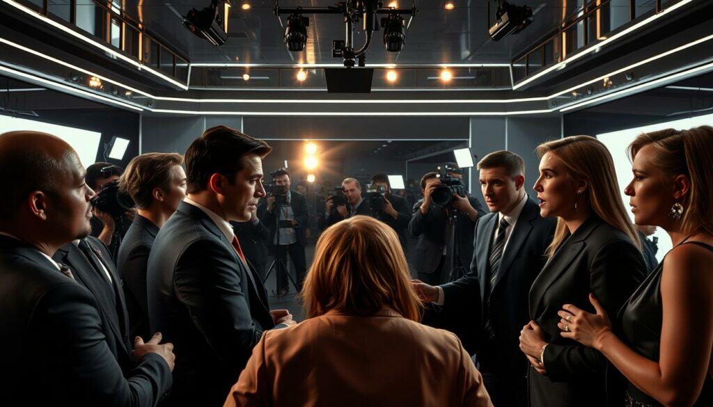 A high-contrast, cinematic scene depicting the dramatic tensions of reality TV. In the foreground, a group of sharply-dressed individuals engage in a heated argument, their faces twisted with emotion. In the middle ground, flashing lights and camera crews capture the action, creating a sense of intensity and spectacle. The background is a sleek, modern set with glossy surfaces and stark lighting, hinting at the artificial, constructed nature of the environment. The overall mood is one of heightened drama, with a touch of gritty realism that evokes the voyeuristic nature of reality television.