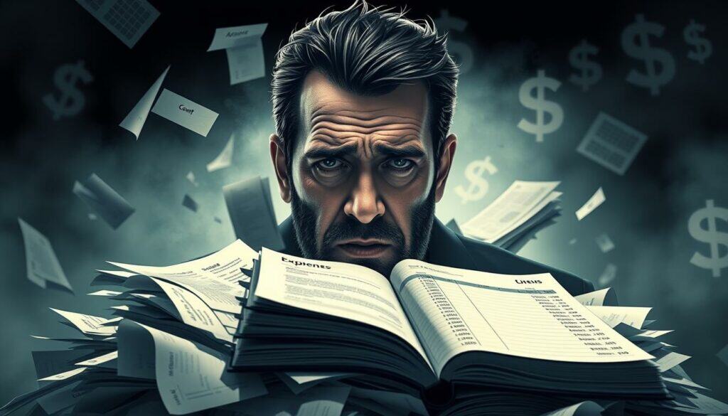 A high-contrast digital illustration depicting the financial troubles and controversies surrounding German singer and entertainer Michael Wendler. In the foreground, an ominous pile of debt notices and court documents swirls around Wendler's worried face, conveyed through a hyper-realistic, photo-based rendering. In the middle ground, a ledger book with income and expense records is opened, revealing a stark imbalance. The background is shrouded in a hazy, uneasy atmosphere, with vague shapes and silhouettes of financial symbols and icons looming in the distance, suggesting the complexities and uncertainties of Wendler's financial situation. The lighting is dramatic, with sharp shadows and highlights accentuating the sense of unease and instability. The overall tone is one of concern, turmoil, and the heavy burden of Wendler's financial troubles.