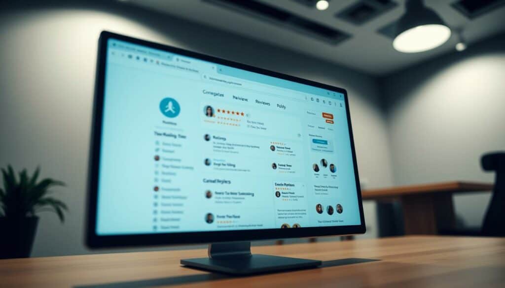 A high-contrast, wide-angle photograph of a modern web browser window displaying a review aggregator website. The screen shows a grid of user ratings, reviews, and company profiles, with clean typography and a minimalist design. Soft, indirect lighting illuminates the scene, creating a sense of depth and highlighting the crisp, digital interface. The background is blurred, allowing the screen to be the focal point, emphasizing the relevance and importance of online review platforms for businesses. A high-contrast, wide-angle photograph of a modern web browser window displaying a review aggregator website. The screen shows a grid of user ratings, reviews, and company profiles, with clean typography and a minimalist design. Soft, indirect lighting illuminates the scene, creating a sense of depth and highlighting the crisp, digital interface. The background is blurred, allowing the screen to be the focal point, emphasizing the relevance and importance of online review platforms for businesses.