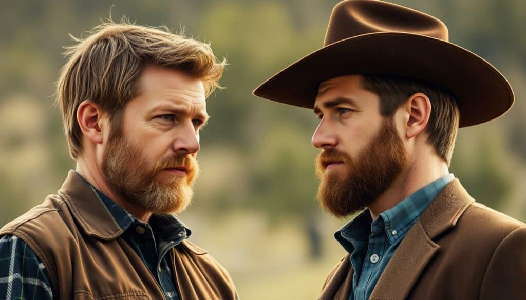 A high-quality portrait of Kayce and Jamie Dutton, the two adult sons of the Dutton family, the central characters in the TV series Yellowstone. The brothers are shown from the waist up, facing each other with a serious, contemplative expression. Kayce, the younger son, is on the left, with a rugged, weathered appearance reflecting his life as a rancher. Jamie, the elder son, is on the right, with a more refined, professional look hinting at his career as a lawyer. The lighting is warm and natural, illuminating the brothers' faces and creating a sense of depth and dimensionality. The background is softly blurred, placing the focus entirely on the two men and their complex relationship within the Dutton family dynamic.
