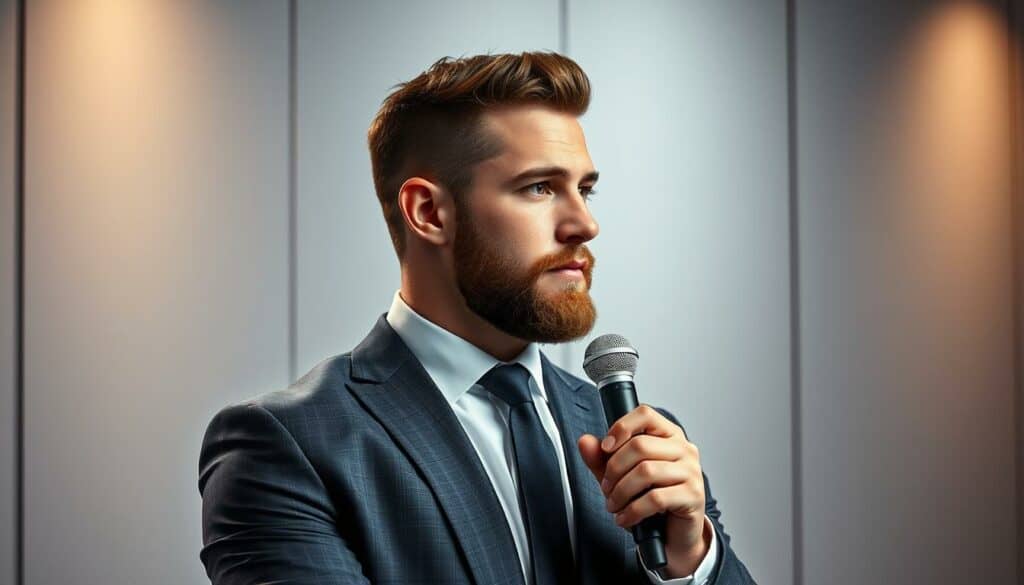 A high-resolution, photorealistic image of Travis Kelce, the renowned American football tight end, showcasing his media presence and podcast. Set against a modern, sleek backdrop, Kelce is depicted in a thoughtful, focused pose, holding a microphone and wearing a tailored suit. The scene captures the essence of his successful sports career and his transition into the world of media, with a professional, high-production-value look and feel. Soft, directional lighting highlights Kelce's confident expression and the subtle details of his attire, creating a sense of authority and gravitas. The overall composition emphasizes Kelce's prominence as a media personality, reflecting the "Travis Kelce: Erfolg, Sport und Medienpräsenz" section of the article.