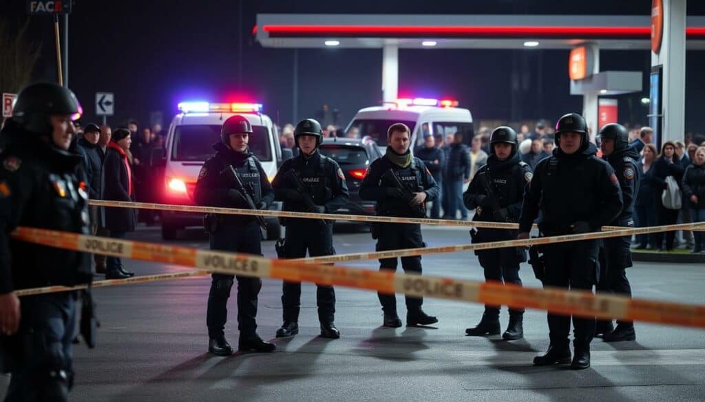 A large police presence secures the scene of a tragic incident at a Völklingen gas station. In the foreground, officers in tactical gear cordon off the area, their expressions grim and determined. The middle ground features emergency vehicles with flashing lights, creating a sense of urgency. In the background, a crowd of concerned onlookers gathers, their faces reflecting the gravity of the situation. The lighting is subdued, casting long shadows and evoking a somber mood. The camera angle is slightly elevated, providing a comprehensive view of the complex security measures in place to protect the public. The overall atmosphere conveys the seriousness and professionalism of the police response to this traumatic event. A large police presence secures the scene of a tragic incident at a Völklingen gas station. In the foreground, officers in tactical gear cordon off the area, their expressions grim and determined. The middle ground features emergency vehicles with flashing lights, creating a sense of urgency. In the background, a crowd of concerned onlookers gathers, their faces reflecting the gravity of the situation. The lighting is subdued, casting long shadows and evoking a somber mood. The camera angle is slightly elevated, providing a comprehensive view of the complex security measures in place to protect the public. The overall atmosphere conveys the seriousness and professionalism of the police response to this traumatic event.