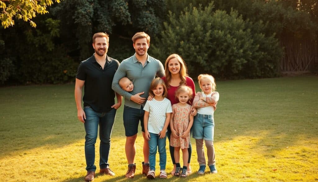 A large, warm, and inviting family portrait of the Hemsworth clan standing together outdoors on a lush, verdant lawn. In the foreground, Luke Hemsworth stands proudly with his wife and their three children, all dressed in casual, stylish attire. Behind them, his brothers Chris and Liam Hemsworth flank the group, creating a harmonious and cohesive familial scene. The lighting is soft and natural, casting a golden glow across the faces of the Hemsworths. The composition is balanced and centered, emphasizing the strong bonds and togetherness of this renowned acting dynasty. An overall mood of love, contentment, and pride radiates from the image. A large, warm, and inviting family portrait of the Hemsworth clan standing together outdoors on a lush, verdant lawn. In the foreground, Luke Hemsworth stands proudly with his wife and their three children, all dressed in casual, stylish attire. Behind them, his brothers Chris and Liam Hemsworth flank the group, creating a harmonious and cohesive familial scene. The lighting is soft and natural, casting a golden glow across the faces of the Hemsworths. The composition is balanced and centered, emphasizing the strong bonds and togetherness of this renowned acting dynasty. An overall mood of love, contentment, and pride radiates from the image.