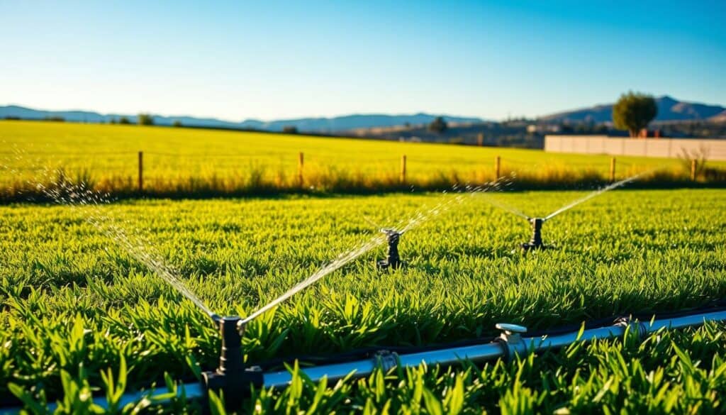 A lush, verdant sports field is irrigated by a state-of-the-art sprinkler system, water glistening in the warm, golden afternoon sunlight. In the foreground, sleek, modern irrigation heads emerge from the neatly-trimmed grass, evenly distributing water across the playing surface. The middle ground reveals a network of underground pipes and valves, hidden yet efficiently delivering water where it's needed most. In the background, a scenic backdrop of rolling hills and a clear blue sky conveys a sense of environmental harmony, underscoring the sustainable, eco-friendly nature of this irrigation setup. The overall scene radiates a feeling of well-maintained professionalism and careful resource management.