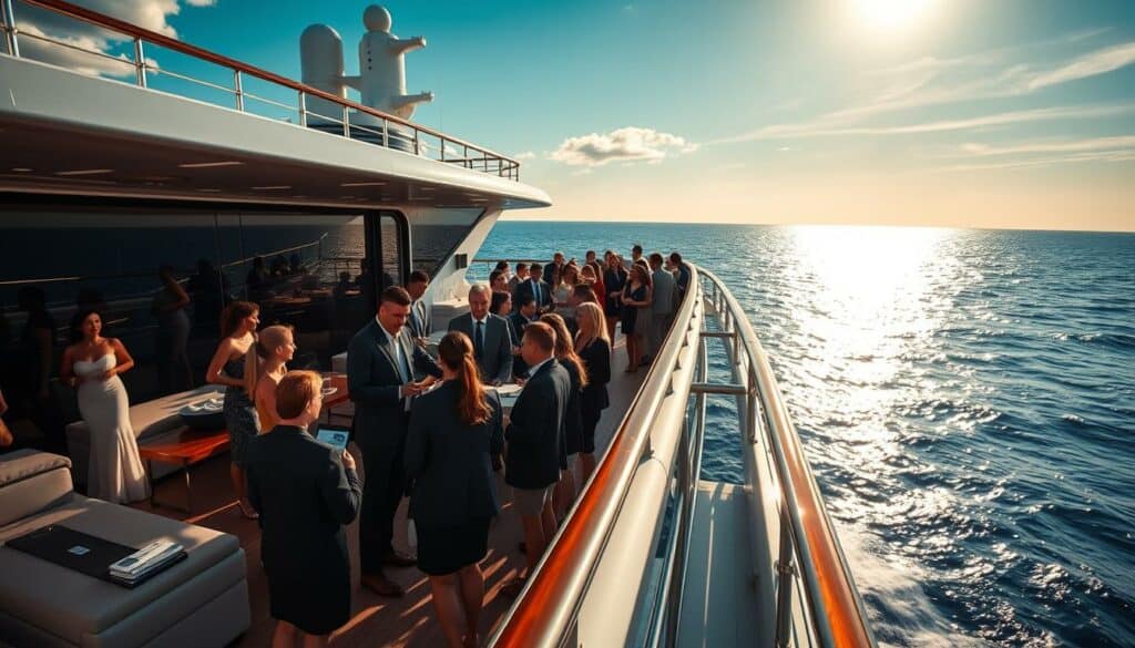 A luxurious cruise ship sails across a vast, shimmering ocean under a vibrant, azure sky. Elegant passengers mingle on the sun-drenched deck, engaged in lively discussions and team-building activities. In the foreground, a group of professionals participate in a collaborative task, their faces animated with excitement. The ship's sleek, modern architecture and opulent furnishings create an atmosphere of sophistication and camaraderie. Gentle waves lap against the hull, while a gentle breeze ruffles the sails, adding to the sense of adventure and exploration. The overall scene conveys the advantages of a team event on the high seas: the opportunity for uninterrupted bonding, the inspiring natural surroundings, and the sense of escape from the everyday.