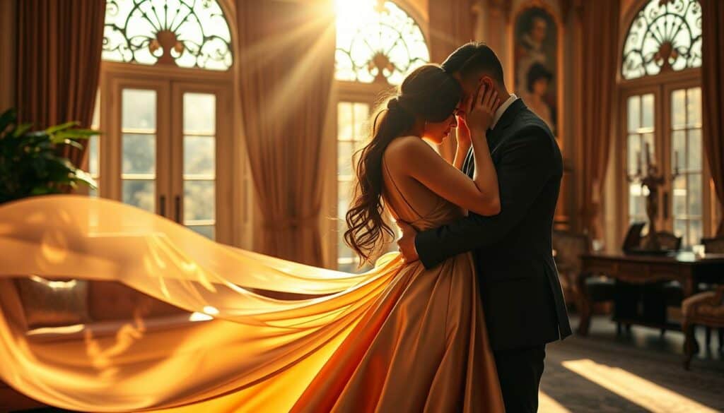 A luxurious yet intimate scene of love, relationships, and wealth. In the foreground, an elegant couple embraces tenderly, their bodies intertwined in a passionate embrace. The woman's flowing, satin dress cascades gracefully, while the man's tailored suit exudes sophistication. Sunlight filters through large, ornate windows, casting a warm, golden glow over the scene. In the background, lavish furnishings and decor suggest a high-end, private residence, hinting at the couple's affluent lifestyle. The overall atmosphere evokes a sense of indulgence, romance, and the pursuit of fulfillment in multiple aspects of life.