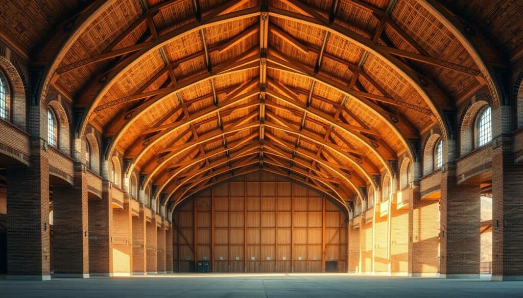 A majestic Rundbogenhalle, its curved arches and beams crafted from warm, natural materials. The structure stands tall, illuminated by soft, diffused lighting that casts gentle shadows across the detailed brickwork and exposed wooden trusses. The middle ground reveals the hall's spacious interior, with clean lines and a harmonious blend of industrial and agricultural elements. In the background, the gentle slope of the landscape adds depth and a sense of grounding. The overall composition evokes a feeling of functionality, durability, and architectural elegance - a structure designed to withstand the demands of both industry and agriculture.