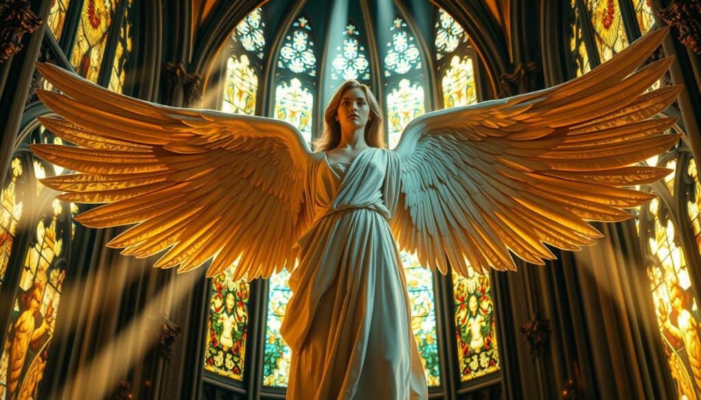 A majestic angel stands tall, wings outstretched, against a backdrop of a grand, ornate cathedral. Shafts of warm, golden light filter through stained glass windows, casting a heavenly glow on the celestial being. The angel's serene expression radiates a sense of divine presence, reflecting the deep spiritual roots and biblical foundations of the Christian faith. Intricate details in the angel's flowing robes and the architectural elements of the cathedral create a visually captivating scene, conveying the awe-inspiring power and influence of heavenly beings in shaping human beliefs and experiences.