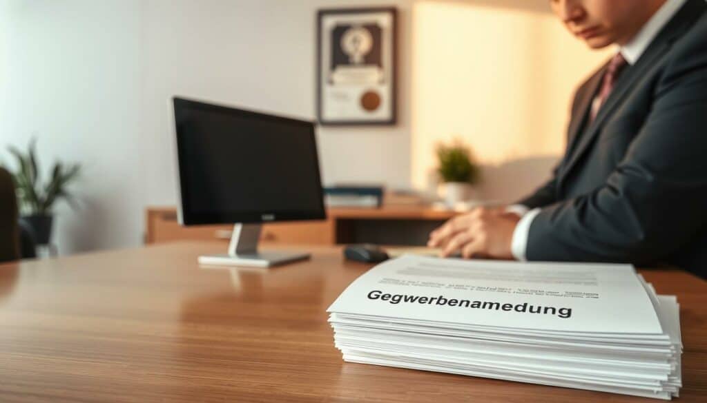 A modern, minimalist office interior with a polished wooden desk, a computer monitor, and a stack of documents labeled "Gewerbeanmeldung". In the foreground, a professional-looking person in a suit is reviewing the paperwork, their face obscured. The lighting is warm and natural, casting a soft glow across the scene. The background is a simple, clean wall, with a framed certificate or plaque hinting at the official nature of the proceedings. The overall atmosphere conveys a sense of efficiency, organization, and the administrative processes involved in business registration.