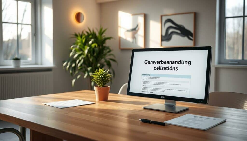 A modern office interior with a large wooden desk, a potted plant, and a computer monitor displaying a form titled "Gewerbeanmeldung Voraussetzungen". Soft, natural lighting filters through large windows, casting a warm glow on the scene. The desk is organized with various documents and a pen, hinting at the administrative tasks involved in the business registration process. The walls are adorned with minimalist artwork, conveying a professional yet inviting atmosphere. The overall composition emphasizes the formality and attention to detail required for the business registration in Ingolstadt.