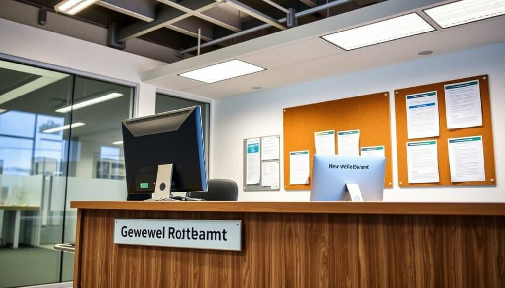 A modern office interior with a prominent desk and computer, showcasing the process of registering a new business in Rottweil. The desk is adorned with official-looking documents, a pen, and a nameplate that reads "Gewerbeamt Rottweil." The walls are adorned with a cork board displaying relevant forms and guidelines. The lighting is bright and professional, with a mixture of natural and artificial sources. The overall atmosphere is one of efficiency and bureaucratic organization, reflecting the practical steps involved in the business registration process.