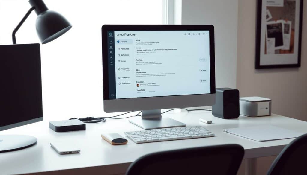 A modern office setting with a desktop computer, smartphone, and various digital devices on a clean, minimalist workspace. The computer screen displays a user interface for setting up a notification system, with options for customizing alerts, schedules, and preferences. Soft, diffused lighting illuminates the scene, creating a calm and focused atmosphere. The arrangement of the elements suggests an organized and efficient workflow, reflecting the subject of setting up a notification system.