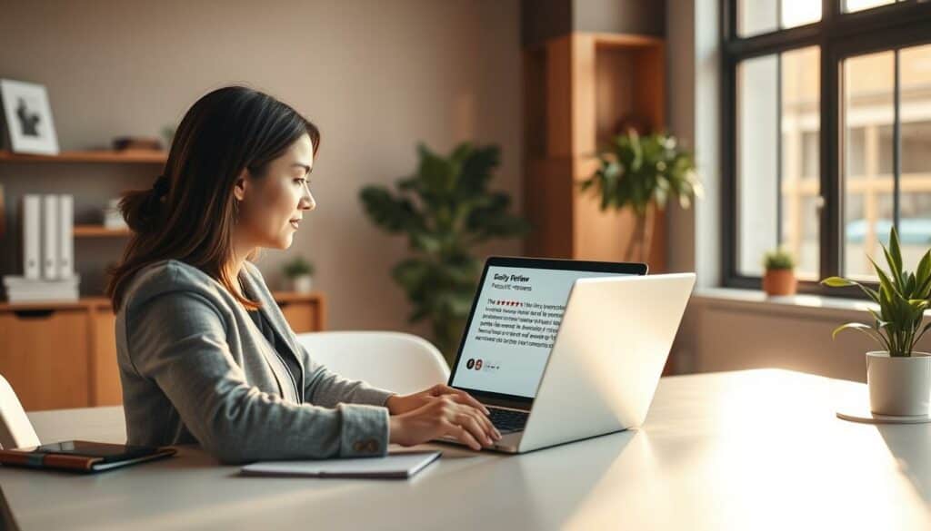 A modern office setting with a professional business person reviewing positive customer reviews on a laptop screen. The scene is bathed in warm, natural lighting from a large window, casting a soft glow across the desk and drawing the viewer's attention to the review content. In the background, simple bookshelves and plants create a serene, productive atmosphere. The composition emphasizes the importance of cultivating positive online reviews as a strategic business priority, with a sense of thoughtfulness and diligence. A modern office setting with a professional business person reviewing positive customer reviews on a laptop screen. The scene is bathed in warm, natural lighting from a large window, casting a soft glow across the desk and drawing the viewer's attention to the review content. In the background, simple bookshelves and plants create a serene, productive atmosphere. The composition emphasizes the importance of cultivating positive online reviews as a strategic business priority, with a sense of thoughtfulness and diligence.