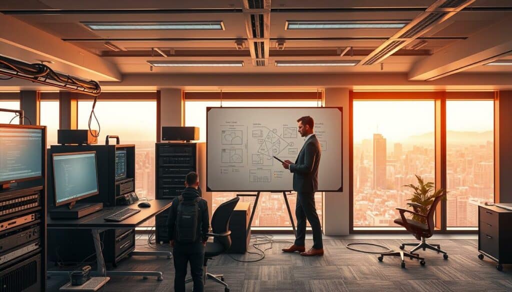 A modern, sleek office space with a focus on custom-tailored IT solutions. In the foreground, a professional-looking person in business attire stands alongside a high-end workstation, examining a tablet. Surrounding them, state-of-the-art computer hardware, networking equipment, and peripherals are neatly arranged, conveying a sense of technological sophistication. The middle ground features a large whiteboard displaying diagrams and schematics, suggesting the process of designing personalized IT systems. In the background, floor-to-ceiling windows provide a panoramic view of a bustling city skyline, bathed in warm, natural lighting that creates a productive and innovative atmosphere.