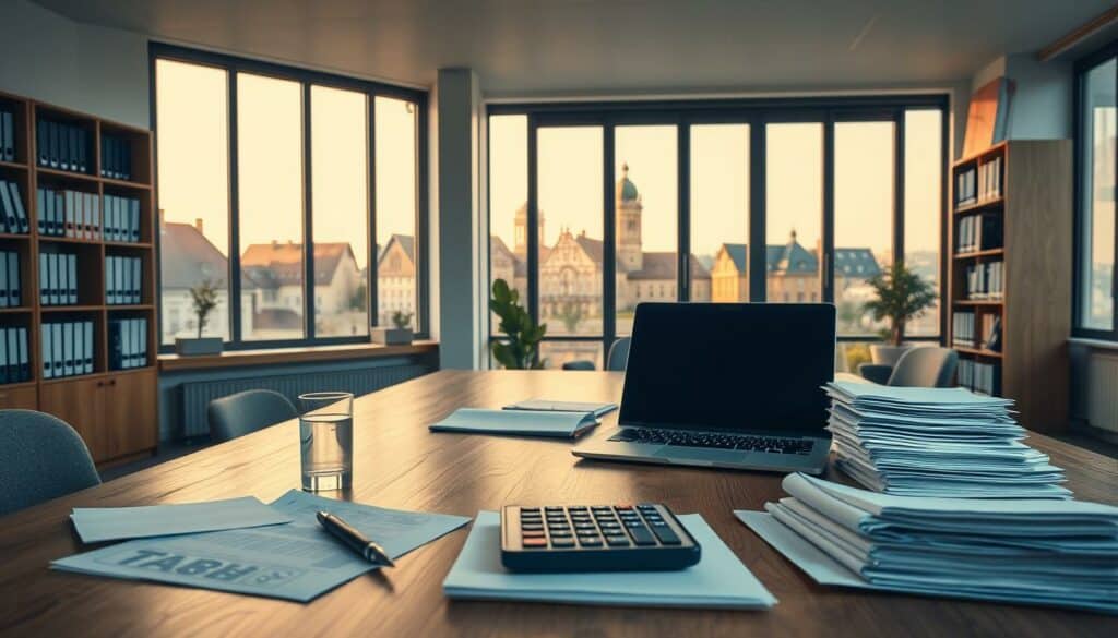 A modern, well-lit office interior in Burg, Germany. In the foreground, a large wooden desk with a laptop, calculator, and stacks of documents. On the desk, a pen and a glass of water. The middle ground features a bookshelf with tax and accounting books. The background shows a large window overlooking the historic buildings of Burg, bathed in warm, golden natural light. The overall atmosphere is professional, organized, and informative, reflecting the topic of "Important Taxes and Contributions for Businesses".