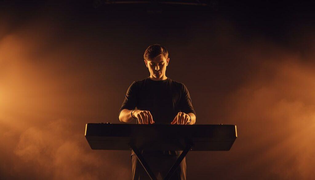 A musician stands center stage, hands poised over the keys of a sleek, black synthesizer. Soft, dramatic lighting casts a warm glow, illuminating the performer's focused expression as they navigate the instrument's intricate controls. The stage is set against a backdrop of deep shadows, creating an atmosphere of intimacy and intensity. The camera captures the scene from a low angle, emphasizing the power and presence of the musician and their performance. Subtle fog or haze drifts across the stage, adding depth and texture to the composition. The overall effect is one of artistic expression, technical mastery, and the captivating energy of a live musical performance.