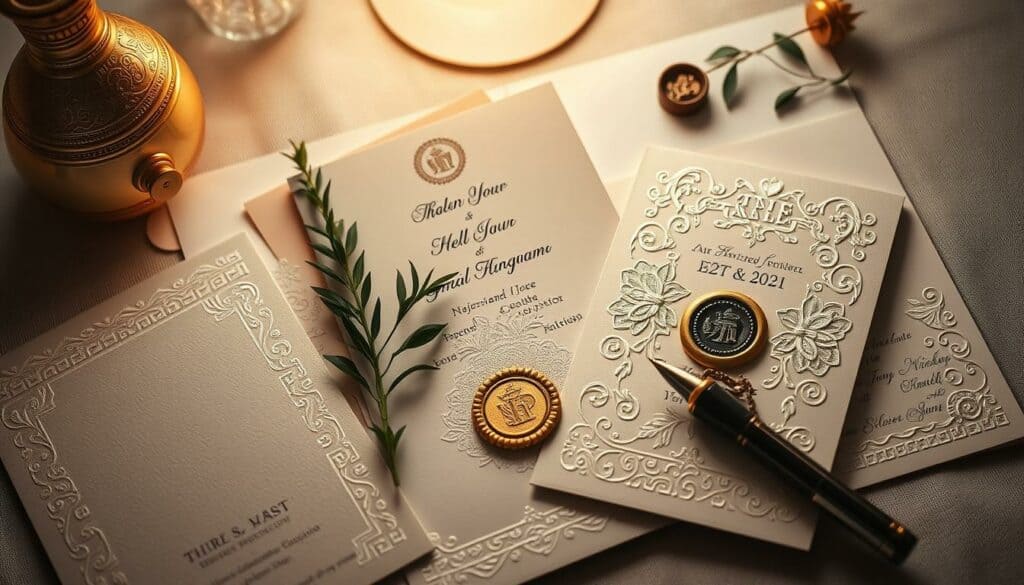 A neatly arranged still life capturing a collection of elegant invitation cards. A soft, warm lighting illuminates the scene, creating a cozy and inviting atmosphere. The cards are meticulously crafted, featuring intricate embossing, shimmering foil accents, and delicate floral patterns that evoke a sense of refined sophistication. Strategically placed decorative elements, such as a sprig of greenery, a wax seal, and a vintage-style pen, add personal touches and a touch of whimsy. The overall composition is balanced and visually striking, inviting the viewer to imagine the special occasion these invitations might herald.
