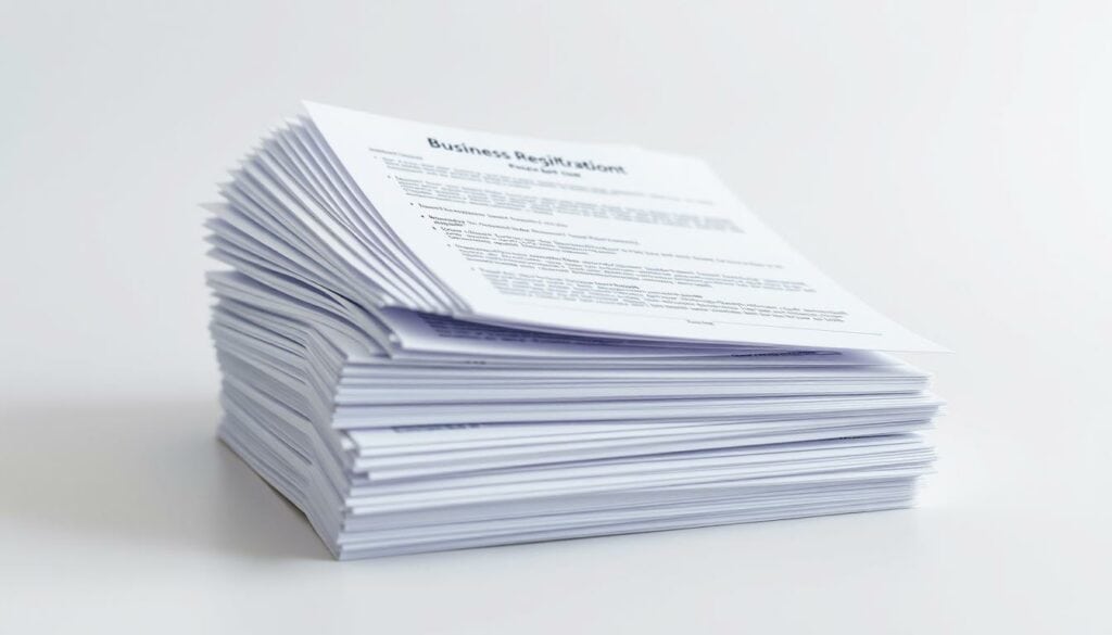 A neatly organized stack of business registration documents with a smooth and professional appearance, presented against a clean, minimalist background. The papers feature crisp, legible text and clear section headings, conveying a sense of efficiency and attention to detail. The lighting is soft and diffused, creating a calm, administrative atmosphere. The angle is slightly elevated, giving the viewer a sense of authority and importance. The overall composition is balanced and visually appealing, reflecting the serious yet approachable nature of the Gewerbeamt Rottweil's services.