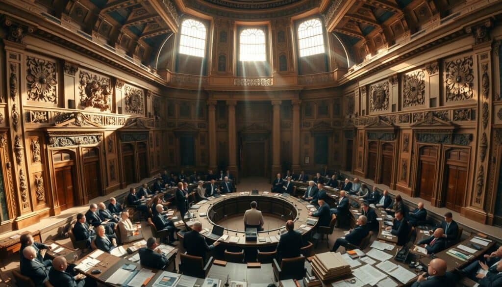 A panoramic view of a grand parliament hall, the walls adorned with intricate carvings and gilded accents. At the center, a circular table is surrounded by a diverse group of politicians, engaged in impassioned debate. Beams of natural light stream in through towering windows, casting a warm, contemplative glow over the proceedings. In the foreground, a cluster of charts, graphs, and policy documents lie scattered, hinting at the weighty decisions being made. The atmosphere is one of seriousness and purpose, as the leaders grapple with the challenges and opportunities of the Energiewende, Germany's ambitious transition to renewable energy. The scene conveys a sense of the high-stakes political landscape shaping this pivotal moment in the country's energy future.