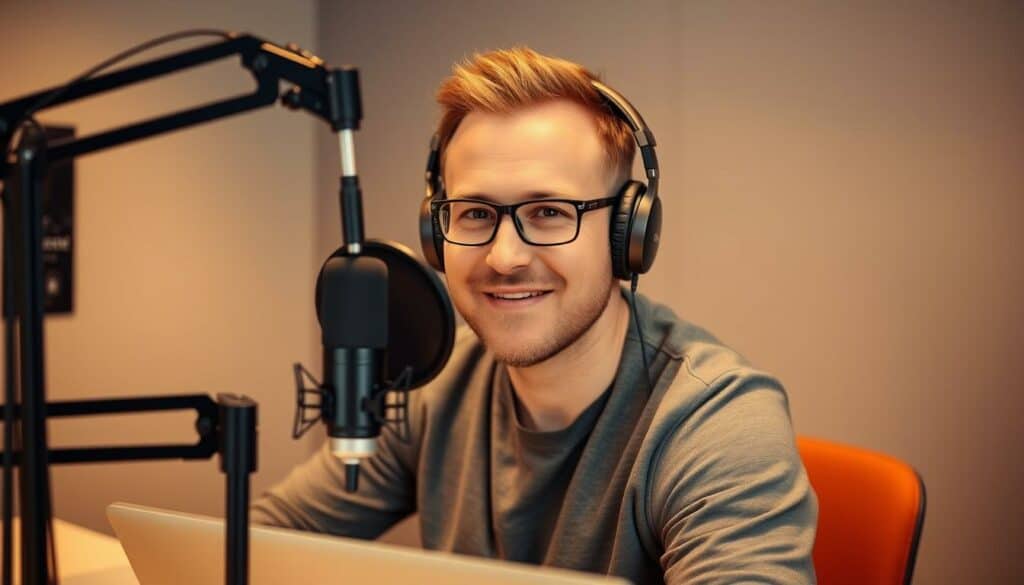 A portrait of Tommi Schmitt, a popular German podcaster and comedian, sitting at a sleek studio desk with a high-quality microphone and headphones. The lighting is soft and warm, creating a cozy, intimate atmosphere. Tommi's expression is focused and engaged, conveying his passion for his craft. The background is minimalist, with a subtle textured wall or backdrop that complements the overall aesthetic. The image captures Tommi's success and expertise as a podcaster, highlighting his professionalism and the high production value of his shows.
