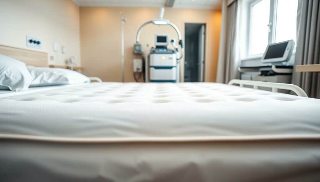 A pristine hospital bedroom with a freshly cleaned mattress taking center stage. The mattress is illuminated by warm, diffused lighting, highlighting its pristine, stain-free surface. In the background, a state-of-the-art cleaning apparatus is visible, showcasing the advanced technology used to achieve this level of cleanliness. The room has a calming, sterile atmosphere, with crisp white linens and a minimal, modern design. The overall scene conveys a sense of professionalism, efficiency, and attention to detail, perfectly embodying the concept of "professionelle Reinigungstechnologie."