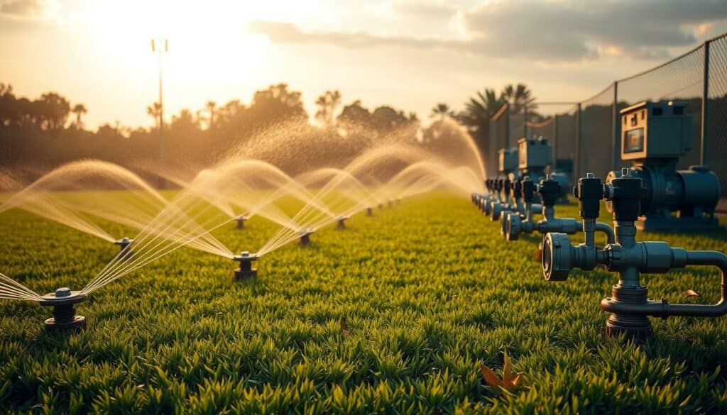 A professional, commercial-grade irrigation system for a meticulously maintained sports field. The foreground depicts a network of sturdy, precisely arranged sprinkler heads strategically positioned across the lush, verdant turf. In the middle ground, sleek, high-efficiency water pumps and valves hum with quiet power, seamlessly regulating the water flow. The background reveals a sophisticated control panel, its digital display showcasing intricate programming for customized watering schedules and coverage patterns. Warm, golden sunlight filters through wispy clouds, casting a tranquil, almost serene atmosphere over the entire scene. The overall impression is one of state-of-the-art technology harmoniously integrated with the natural environment, ensuring optimal playing conditions for the most discerning sports enthusiasts.