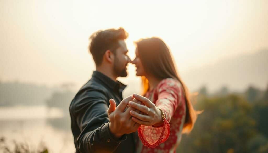 A romantic and dreamy WhatsApp profile picture showcasing a picturesque couple gazing lovingly into each other's eyes against a soft, hazy background. The pair is bathed in warm, golden light, creating an intimate, cozy atmosphere. In the foreground, the lovers' intertwined hands are the focal point, symbolizing their deep connection. The middle ground features a blurred, nature-inspired setting, perhaps a lush garden or a serene lakeside, adding to the serene, idyllic mood. The background is gently blurred, creating a sense of depth and drawing the viewer's attention to the central couple. Overall, the image exudes a sense of tenderness, affection, and the essence of a truly romantic WhatsApp profile picture.