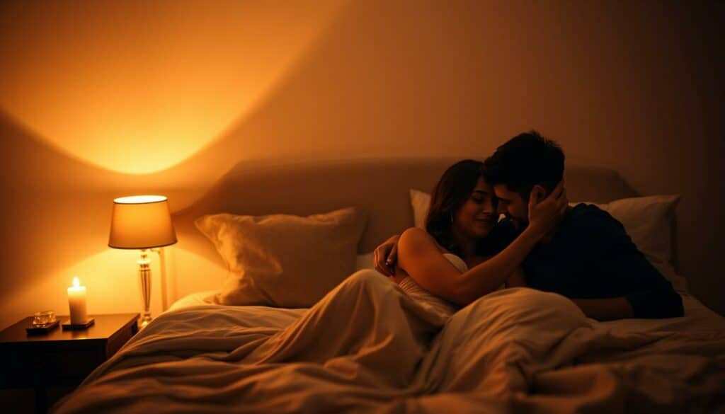 A romantic and intimate bedroom scene with soft, warm lighting illuminating a tastefully styled double bed. In the foreground, a young couple tenderly embrace, their expressions conveying deep affection. The middle ground features plush bedding, decorative pillows, and a nightstand with a single lit candle. The background is slightly blurred, suggesting a cozy, private atmosphere. The overall mood is sensual yet tasteful, capturing the essence of a private, loving relationship.