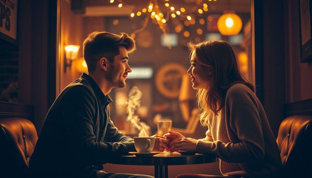 A romantic first meeting on the dating app Tinder, two young people's eyes meet and spark with mutual attraction. In a cozy, dimly-lit café, they sit across a small table, hands clasped, gazing into each other's eyes as if the rest of the world has faded away. Soft, warm lighting casts a golden glow, highlighting the couple's faces and creating an intimate, dreamy atmosphere. The background is softly blurred, placing the focus entirely on this blossoming connection. Subtle details like the steam rising from their cups of coffee or the twinkling fairy lights hanging overhead add to the sense of romance and timelessness. This is the start of a beautiful love story.