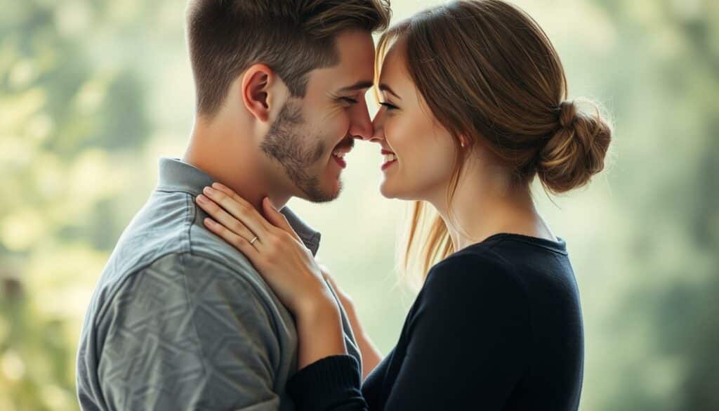 A romantic, intimate portrait of Michael Wendler and Laura Müller, captured in natural, soft lighting. The couple are posed close together, gazing into each other's eyes with affection. The background is blurred, placing the focus on their emotional connection. The overall mood is one of tenderness and intimacy, reflecting the private nature of their relationship. The image conveys the sense of a private moment shared between two people deeply in love.