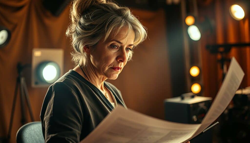 A seasoned theater director intently focused, her gaze fixed on the stage, surrounded by the rich tapestry of backstage elements. Warm stage lighting casts an ethereal glow, highlighting the intricate details of her workspace - script pages, sketches, and technical equipment. A sense of creative intensity and artistic passion permeates the scene, as she orchestrates the elements of her next grand production. The background is a blend of muted, textured backdrops, allowing the director to take center stage in this captivating moment of artistic direction.