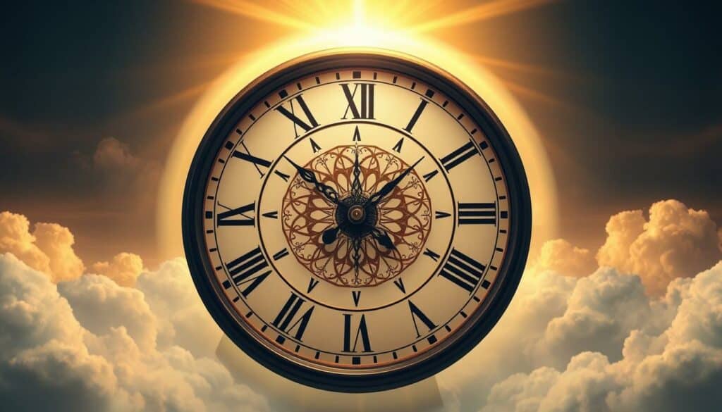 A serene and tranquil scene of a divine clock face, its hands precisely positioned at 16:16, surrounded by a halo of celestial light. The clock's Roman numerals and intricate detailing are rendered with exquisite precision, as if imbued with a sacred, otherworldly presence. The background features a dreamlike, ethereal landscape with glowing clouds and a warm, golden glow, evoking a sense of spiritual resonance and angelic visitation. The overall composition is balanced and harmonious, inviting the viewer to contemplate the deeper meaning and significance of this pivotal moment in time.