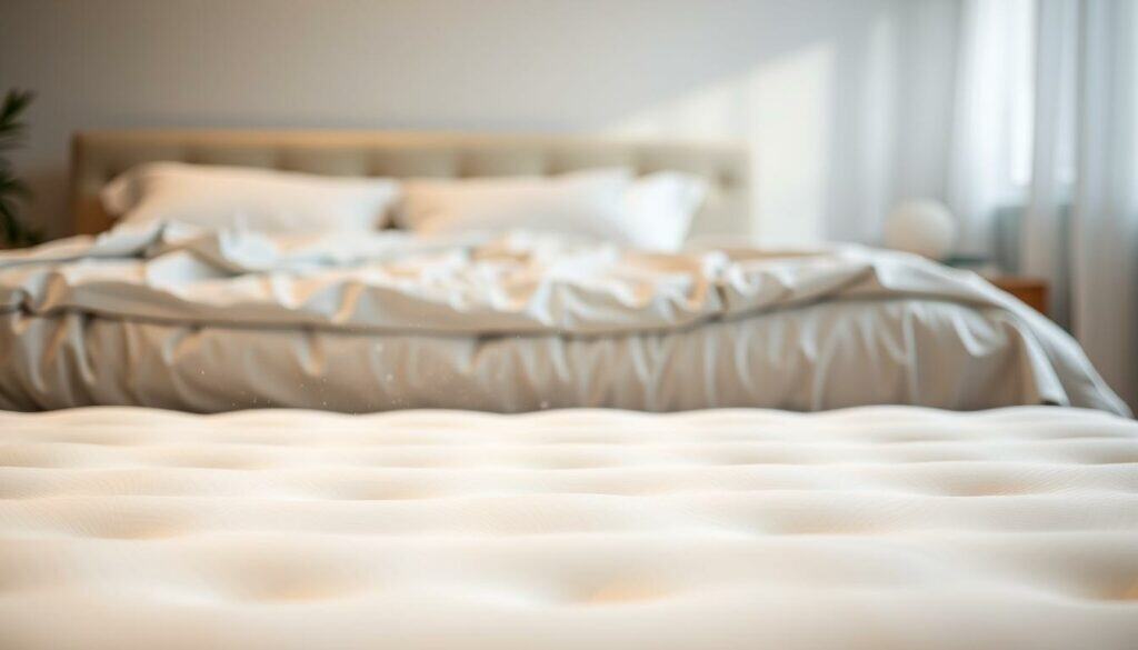 A serene bedroom scene, illuminated by soft, warm lighting. In the foreground, a pristine white mattress stands out, its surface gleaming with cleanliness. Dust motes dance gently in the air, hinting at the thorough mattress cleaning that has just taken place. The middle ground features bedding in calming, neutral tones, complementing the tranquil atmosphere. In the background, a minimalist headboard and nightstand create a sense of balance and simplicity. The overall composition conveys a feeling of rejuvenation and a sanctuary for healthy, restful sleep. A serene bedroom scene, illuminated by soft, warm lighting. In the foreground, a pristine white mattress stands out, its surface gleaming with cleanliness. Dust motes dance gently in the air, hinting at the thorough mattress cleaning that has just taken place. The middle ground features bedding in calming, neutral tones, complementing the tranquil atmosphere. In the background, a minimalist headboard and nightstand create a sense of balance and simplicity. The overall composition conveys a feeling of rejuvenation and a sanctuary for healthy, restful sleep.