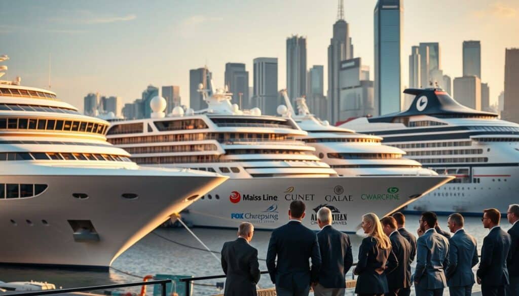A sleek and modern cruise ship docked at a bustling harbor, surrounded by a fleet of elegant passenger liners showcasing the diverse offerings of leading cruise lines. The scene is bathed in warm, golden-hour lighting, casting a soft, inviting glow over the gleaming vessels. In the foreground, a group of smartly dressed business professionals admire the ships, discussing potential team-building opportunities and personalized cruise packages. The middle ground features a variety of cruise line logos and branding, allowing for easy comparison of the different companies and their unique features. In the background, a cityscape of towering skyscrapers and bustling activity creates a dynamic, professional atmosphere, underscoring the high-end, corporate nature of the event.